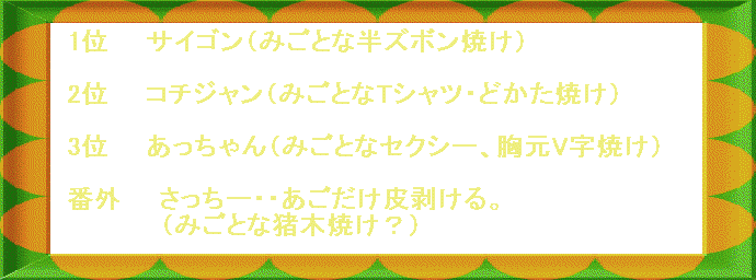 1�ʁ@�@�T�C�S���i�݂��ƂȔ��Y�{���Ă��j 
 
2�ʁ@�@�R�`�W�����i�݂��Ƃ�T�V���c�E�ǂ����Ă��j 
 
3�ʁ@�@���������i�݂��ƂȃZ�N�V�[�A����V���Ă��j 
 
�ԊO�@�@�������[�E�E���������甍����B 
�@�@�@�@�@�i�݂��ƂȒ��؏Ă��H�j�@